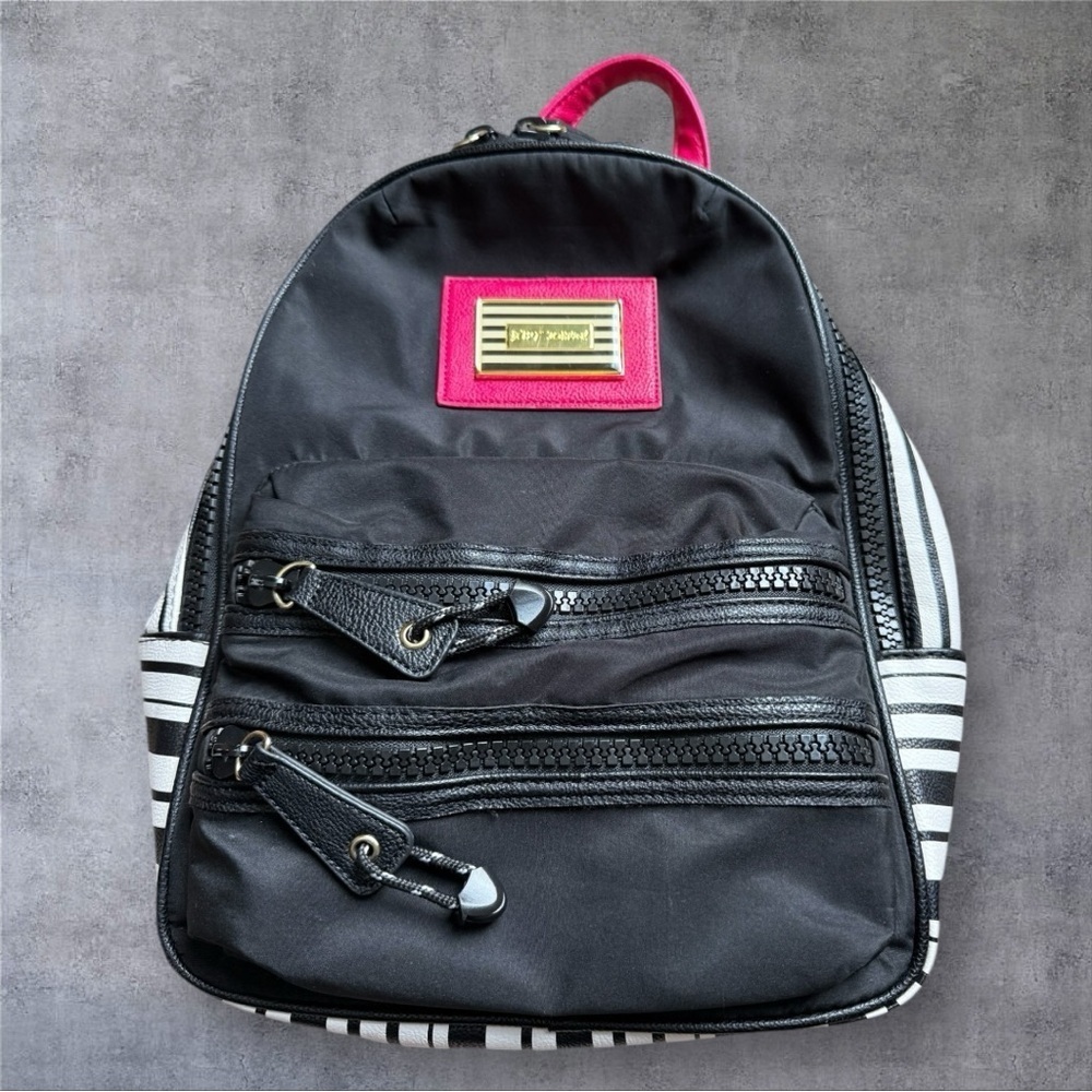 Betsey Johnson Black & White Striped Backpack with Floral Lining